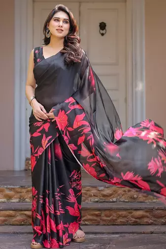 Designer satin georgette floral print saree for women with blouse