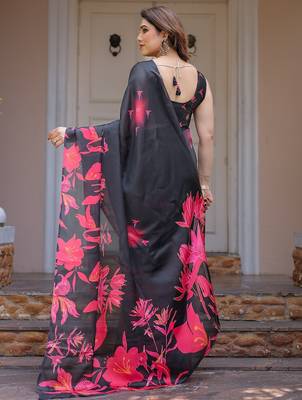 Designer satin georgette floral print saree for women with blouse 4