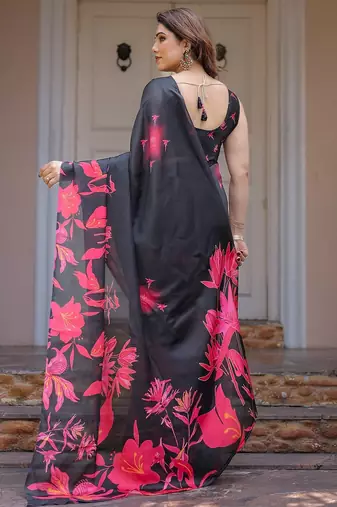 Designer satin georgette floral print saree for women with blouse