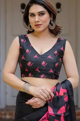 Designer satin georgette floral print saree for women with blouse