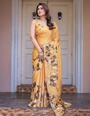 Stylish floral pattern satin georgette saree with blouse piece 1