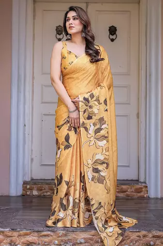 Stylish floral pattern satin georgette saree with blouse piece