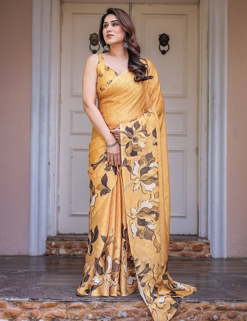Stylish floral pattern satin georgette saree with blouse piece