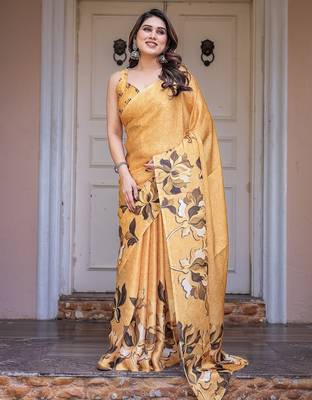 Stylish floral pattern satin georgette saree with blouse piece 2