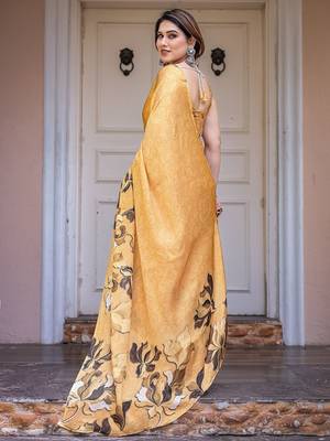Stylish floral pattern satin georgette saree with blouse piece 3