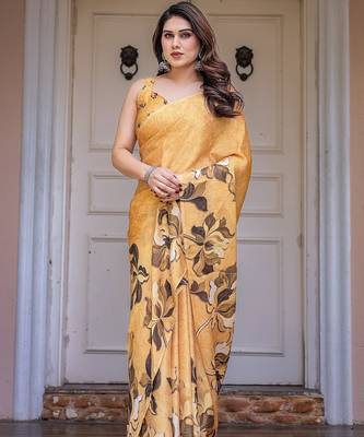 Stylish floral pattern satin georgette saree with blouse piece 4