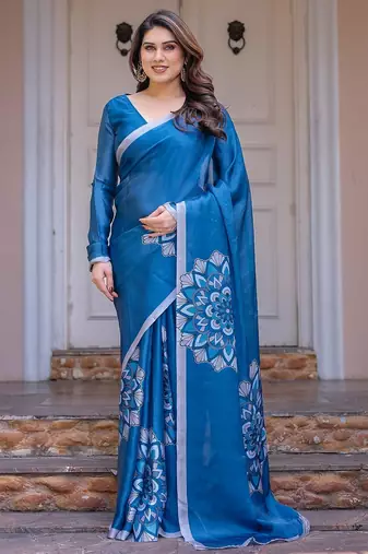 Trendy women's satin georgette printed saree with floral design