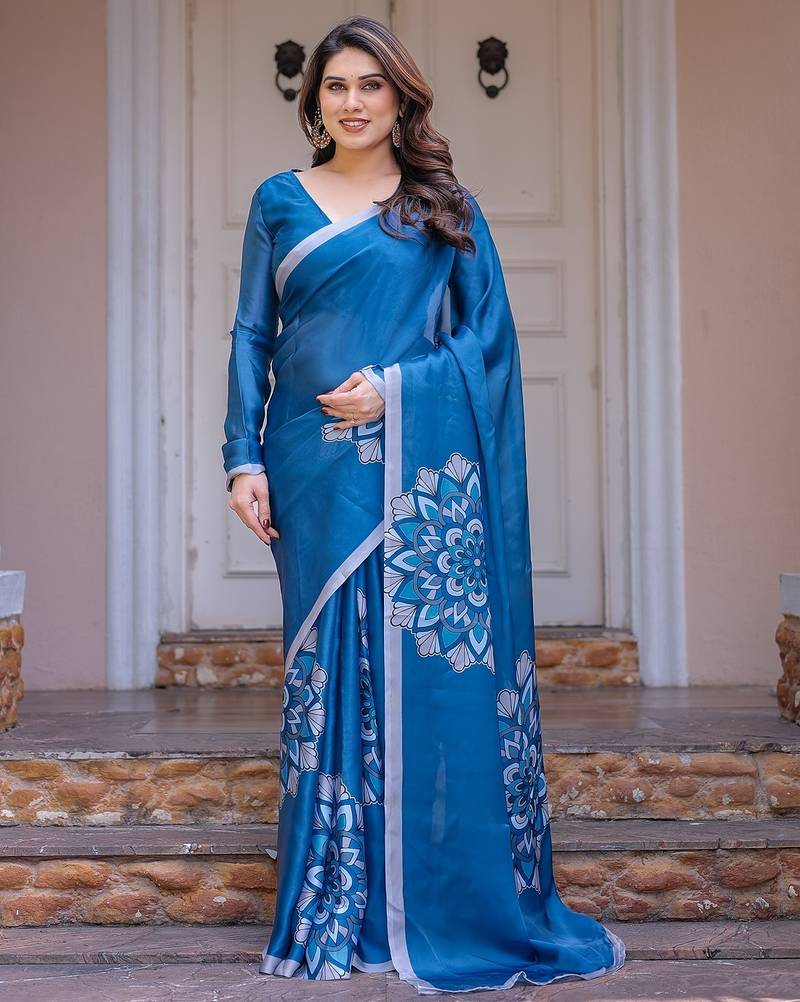Trendy women's satin georgette printed saree with floral design
