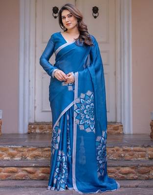 Trendy women's satin georgette printed saree with floral design 2