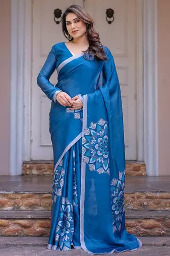 Trendy women's satin georgette printed saree with floral design