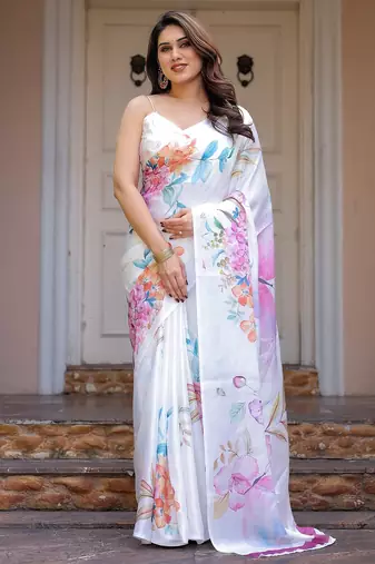 Party wear floral printed satin georgette saree with blouse