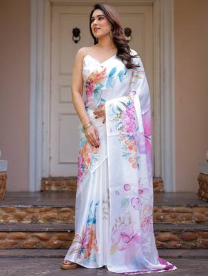 Party wear floral printed satin georgette saree with blouse 2