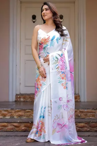 Party wear floral printed satin georgette saree with blouse
