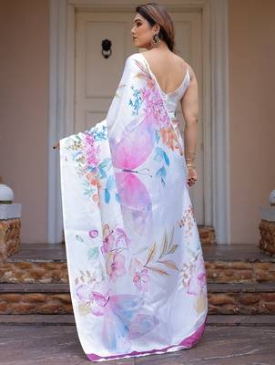 Party wear floral printed satin georgette saree with blouse 3