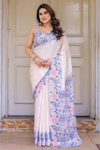 Designer floral satin georgette saree with attached blouse piece