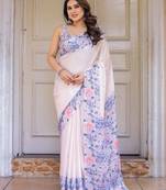 Designer floral satin georgette saree with attached blouse piece