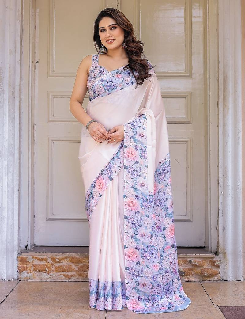 Designer floral satin georgette saree with attached blouse piece
