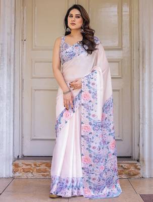 Designer floral satin georgette saree with attached blouse piece 2