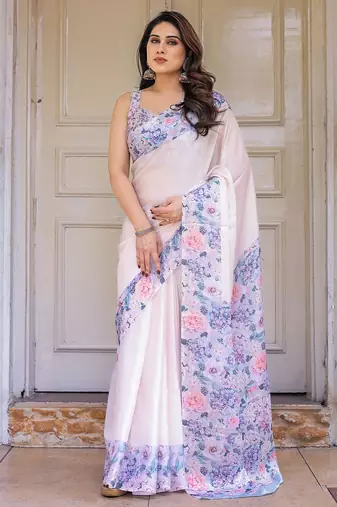 Designer floral satin georgette saree with attached blouse piece