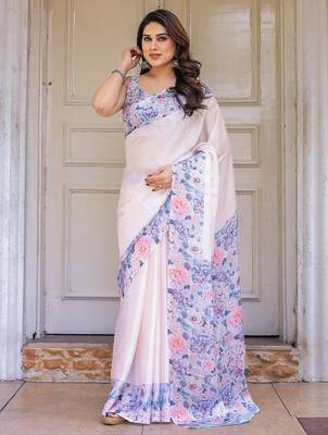 Designer floral satin georgette saree with attached blouse piece 3