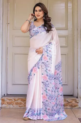 Designer floral satin georgette saree with attached blouse piece