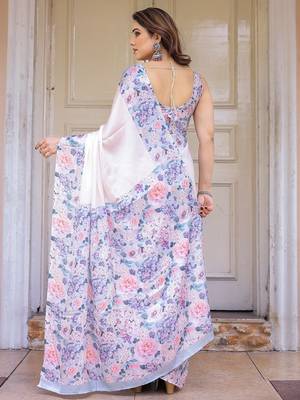 Designer floral satin georgette saree with attached blouse piece 4