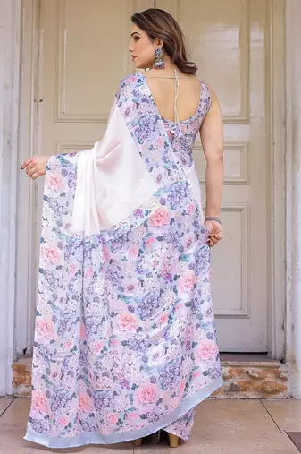 Designer floral satin georgette saree with attached blouse piece