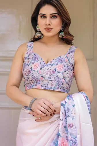 Designer floral satin georgette saree with attached blouse piece