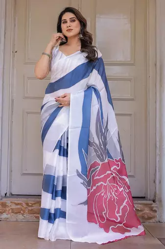 Soft satin georgette floral print saree for festive & party wear