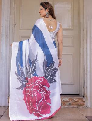 Soft satin georgette floral print saree for festive & party wear 4