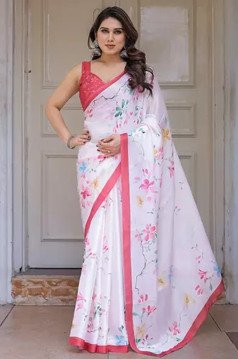 Premium satin georgette printed saree with floral motifs