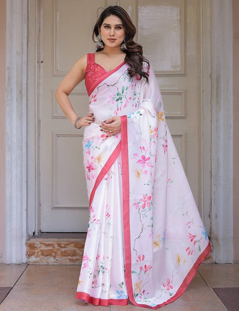 Premium satin georgette printed saree with floral motifs