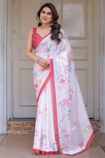Premium satin georgette printed saree with floral motifs