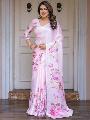 Women's floral designer satin georgette saree with blouse 1