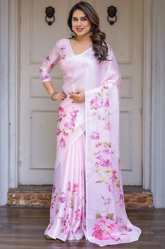 Women's floral designer satin georgette saree with blouse