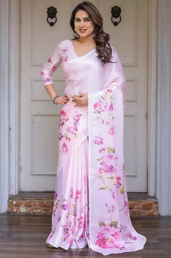 Women's floral designer satin georgette saree with blouse