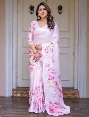 Women's floral designer satin georgette saree with blouse 2