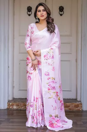 Women's floral designer satin georgette saree with blouse