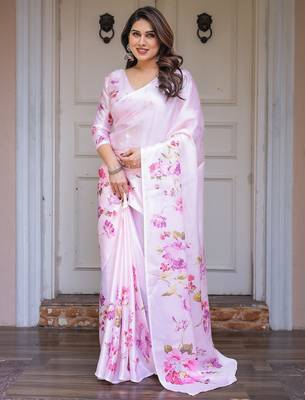 Women's floral designer satin georgette saree with blouse 3