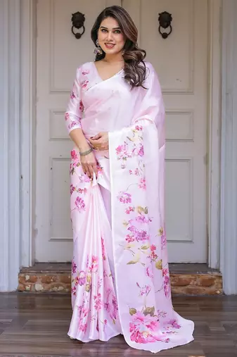 Women's floral designer satin georgette saree with blouse