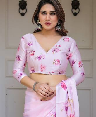 Women's floral designer satin georgette saree with blouse 5