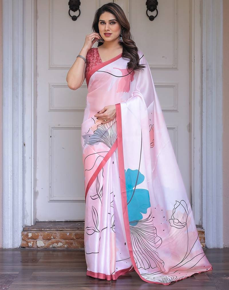 Fashion floral print satin georgette saree for women