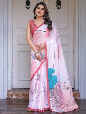 Fashion floral print satin georgette saree for women 2