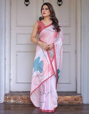 Fashion floral print satin georgette saree for women 4