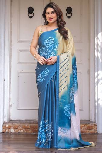 Elegant party wear satin georgette floral printed saree