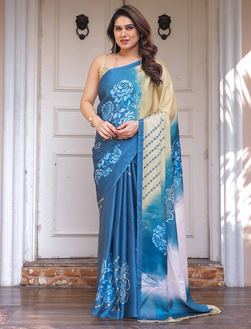 Elegant party wear satin georgette floral printed saree