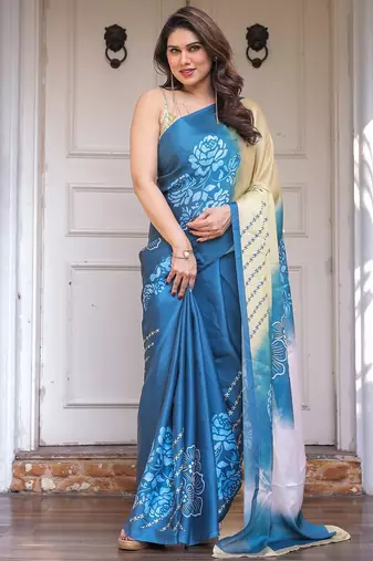 Elegant party wear satin georgette floral printed saree