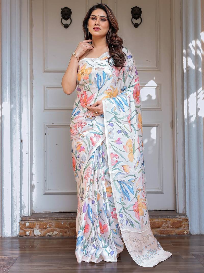 Women's satin georgette floral printed saree with blouse piece