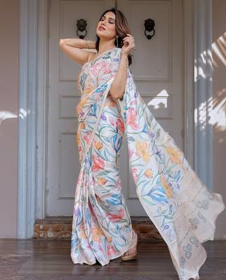 Women's satin georgette floral printed saree with blouse piece 3