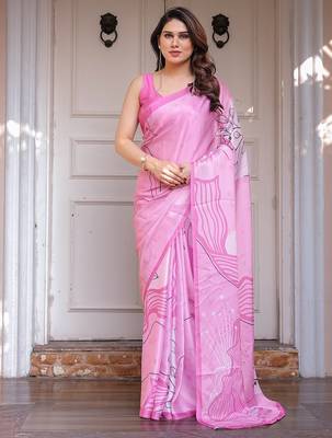 Elegant floral printed satin georgette saree with attached blouse 1